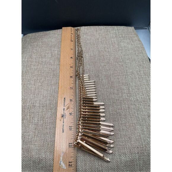 Modernist Gold Spike Geometric Bib Statement Runway Necklace Double Chain - Picture 7 of 9